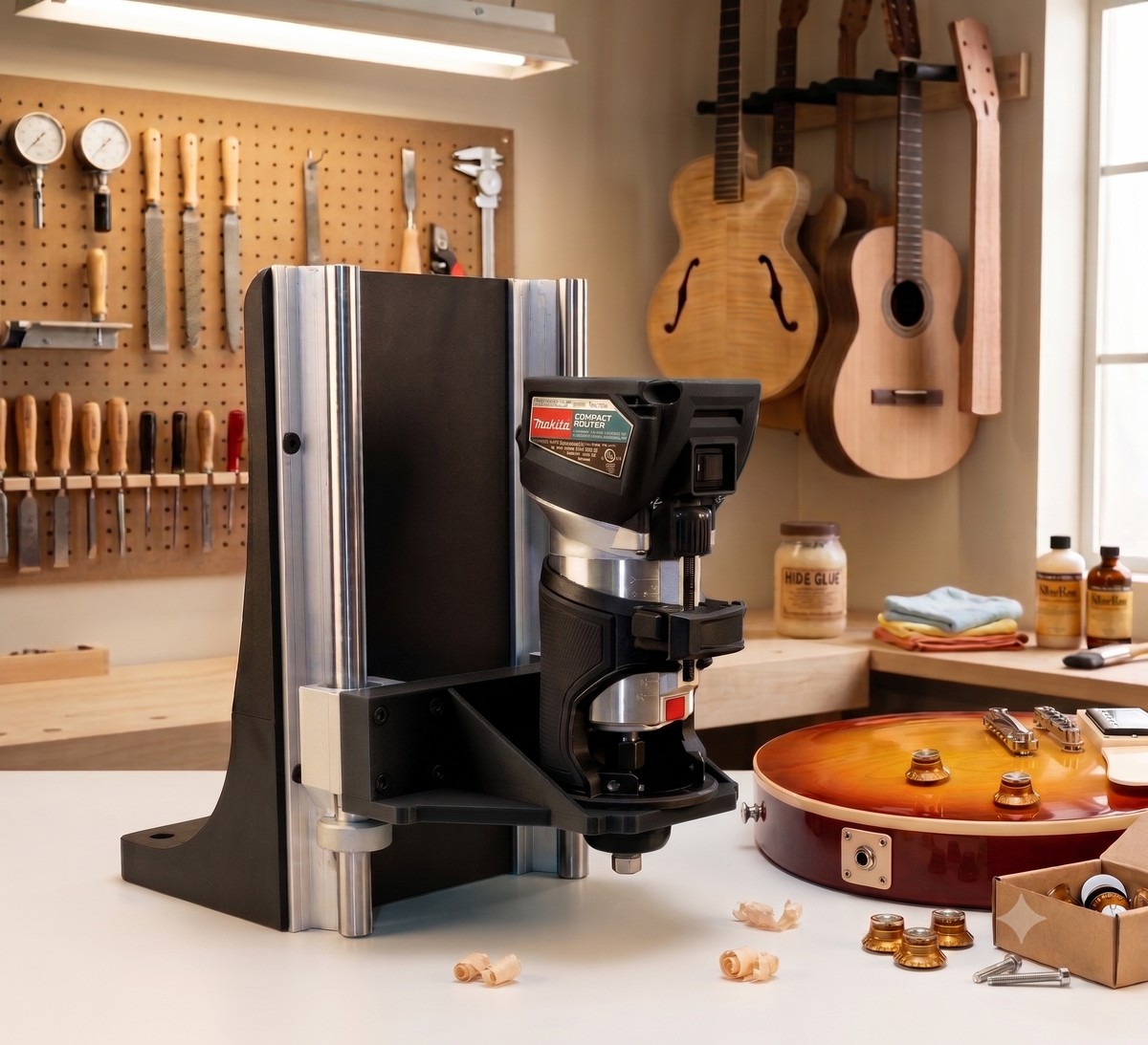 Bind Master Pro floating guitar binding router jig in use on a guitar body