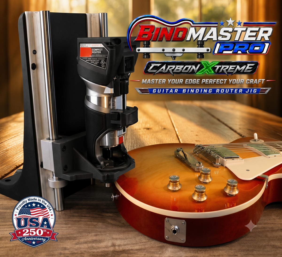 Bind Master Pro guitar binding router jig in use on a workshop bench